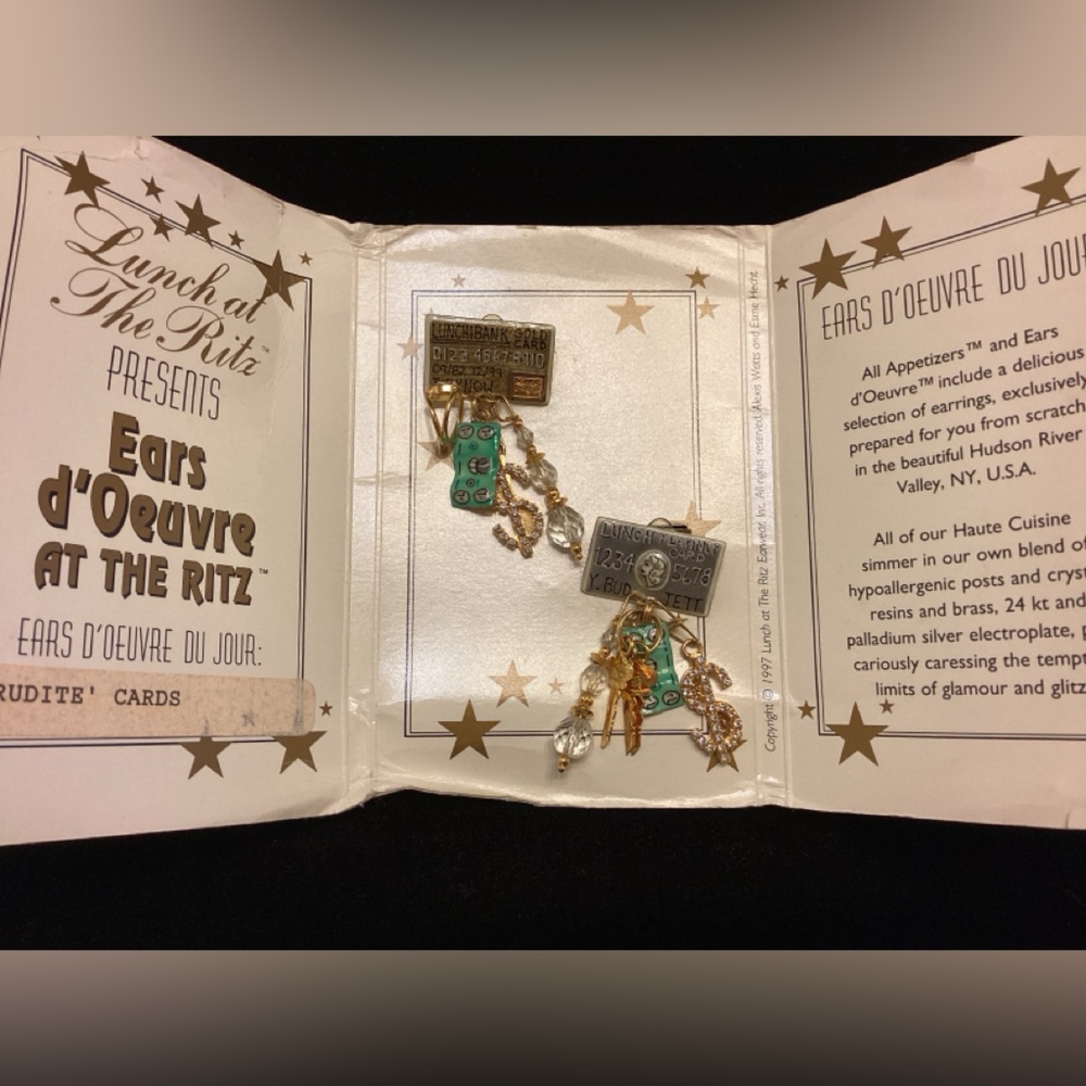 Vintage Lunch at the Ritz Gold Card Platinum Card Shopping Rhinestone Earrings